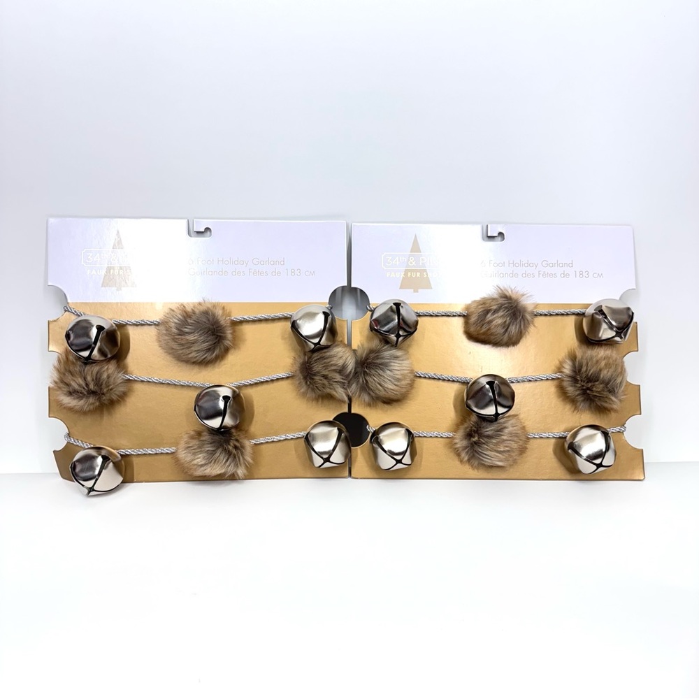 34th & Pine 2pc 6Ft Garland With Brown Faux Fur Baubles & Round Silver Bells Nwt